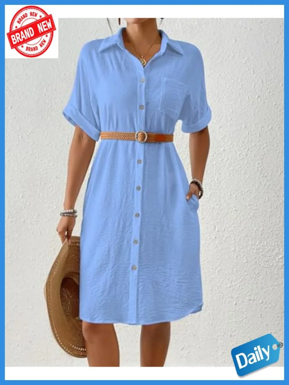 Women's Swim Coverup Button Down Short Sleeve Beach Shirt Dress with Pockets